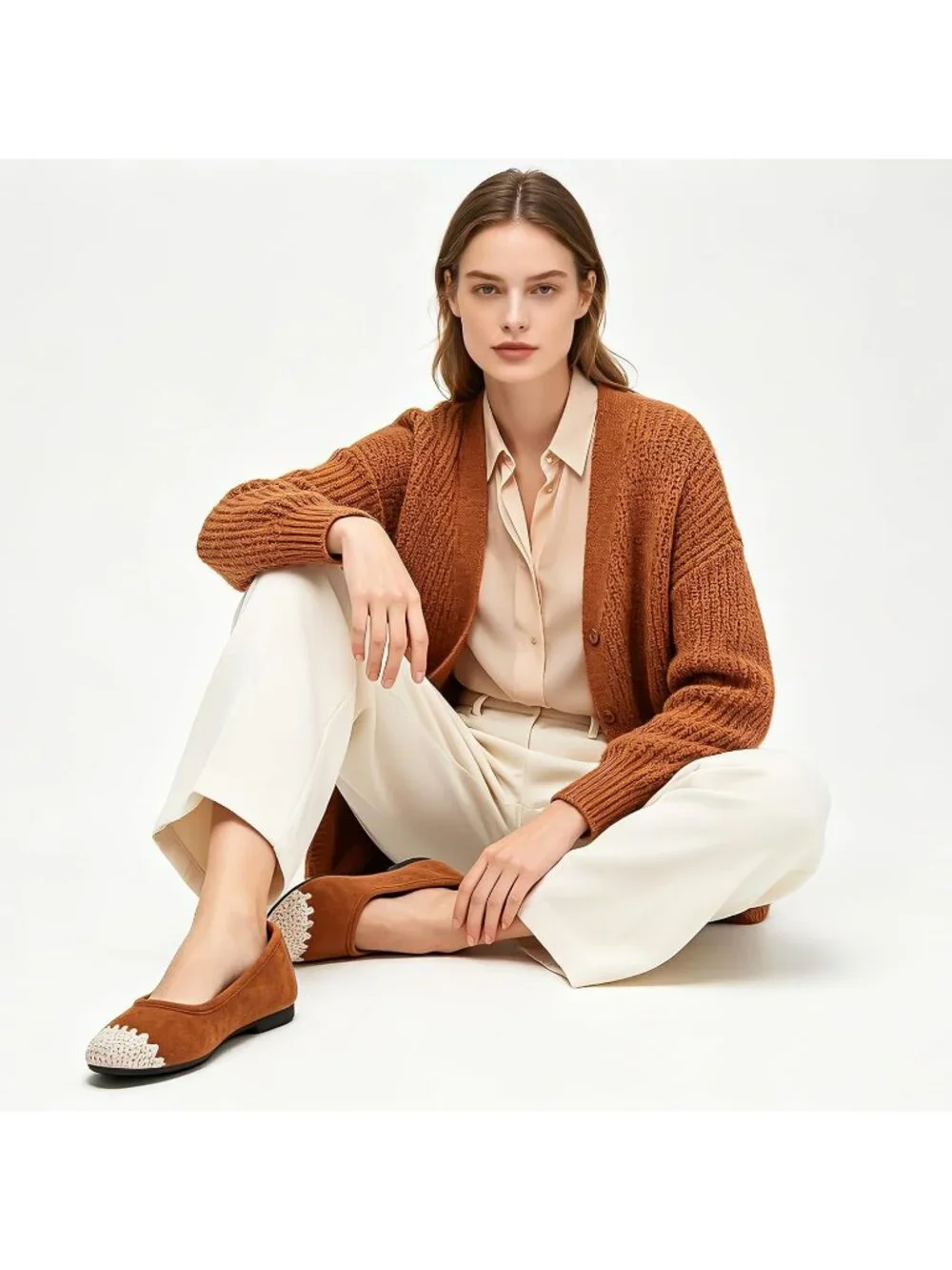 Women's Brown Scalloped PU Leather Comfortable Ballet Flats Slip on Casual Shoes